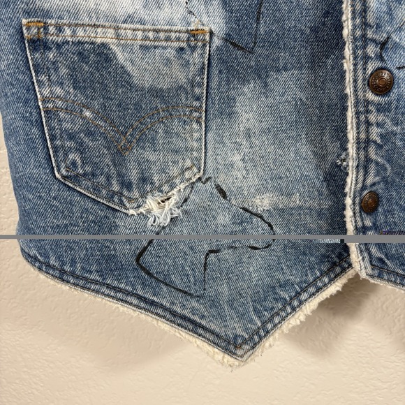 Vintage Levi's Denim Sherpa Lined Snap Button Vest Orange Tab Size L Distressed - Picture 7 of 12